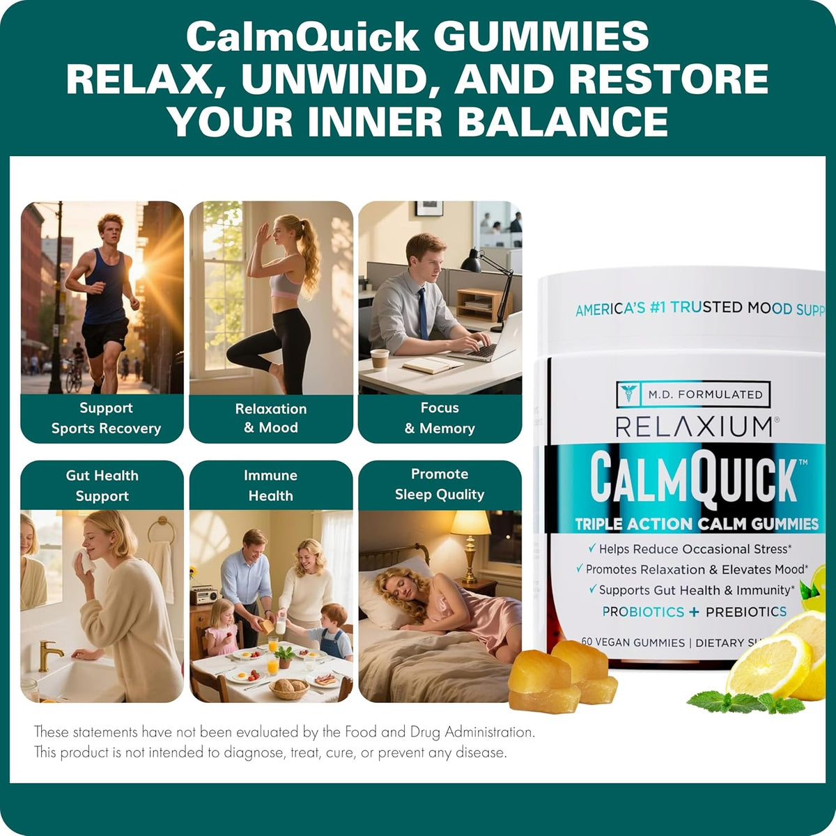 Relaxium Calm Gummies – Calm, Gut Health & Immune Support – Vitamin B6, Magnesium, L-Theanine – Prebiotic & Probiotic Blend – Lemon Flavour, 60 Gummies - görsel 6