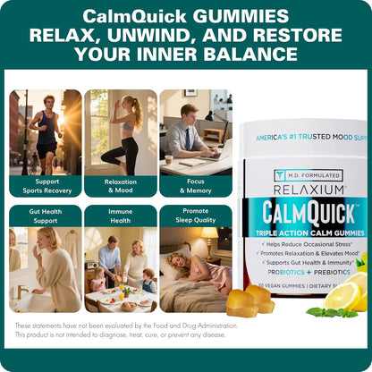 Relaxium Calm Gummies – Calm, Gut Health & Immune Support – Vitamin B6, Magnesium, L-Theanine – Prebiotic & Probiotic Blend – Lemon Flavour, 60 Gummies