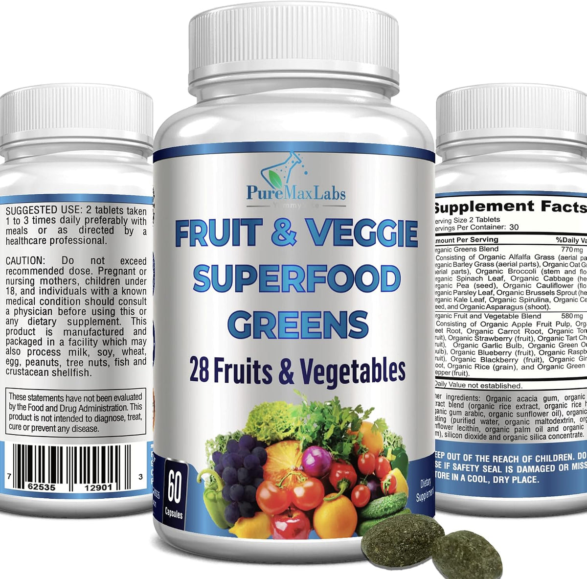 YUMMYVITE Fruit and Veg Superfood Greens - 28 Fruits and Vegetables with Antioxidants, 60 Tablets - görsel 1