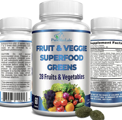 YUMMYVITE Fruit and Veg Superfood Greens - 28 Fruits and Vegetables with Antioxidants, 60 Tablets