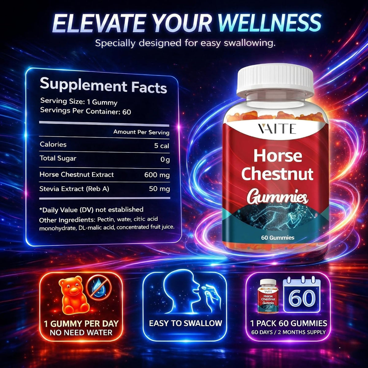 VAITE Horse Chestnut Extract Gummies - Vein & Leg Support - görsel 3
