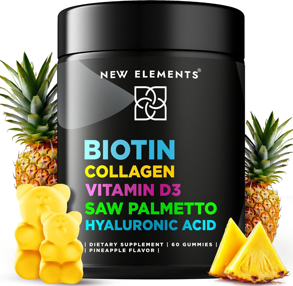New Elements Biotin Gummies with Collagen, Vitamin D3, Saw Palmetto & Hyaluronic Acid for Hair, Skin and Nails - Non-GMO, Gluten-Free, Natural Pineapple Flavour - görsel 1
