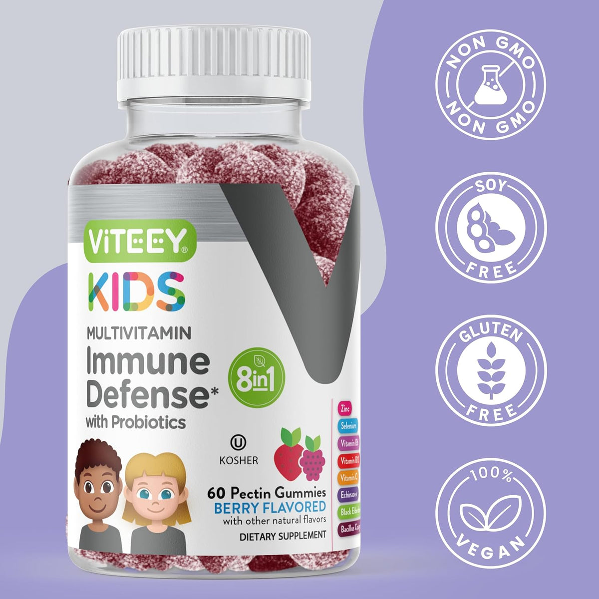 Viteey Children's Multivitamin Gummies with Probiotics – Immune Support Supplement for Kids – Berry Flavour – 60 Gummies - görsel 6