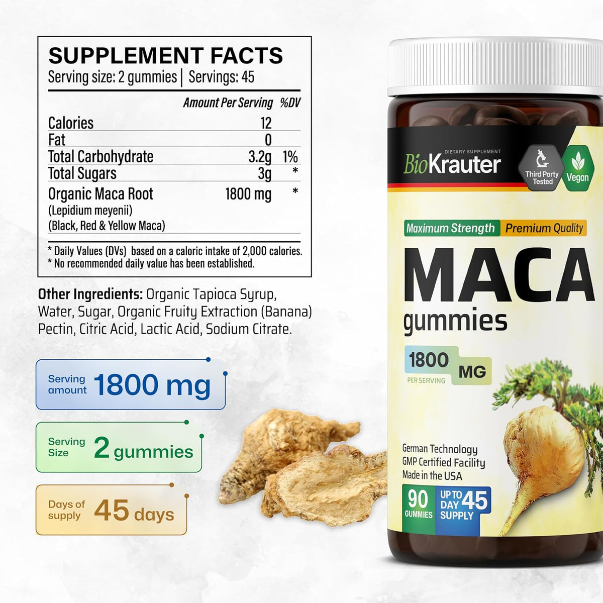 BIO KRAUTER Maca Root Gummies - Black, Red & Yellow Maca Supplement 1800 mg for Vitality & Stamina - 90 Gummies, 45-Day Supply, Non-GMO, Banana Flavour - görsel 3