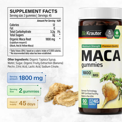 BIO KRAUTER Maca Root Gummies - Black, Red & Yellow Maca Supplement 1800 mg for Vitality & Stamina - 90 Gummies, 45-Day Supply, Non-GMO, Banana Flavour