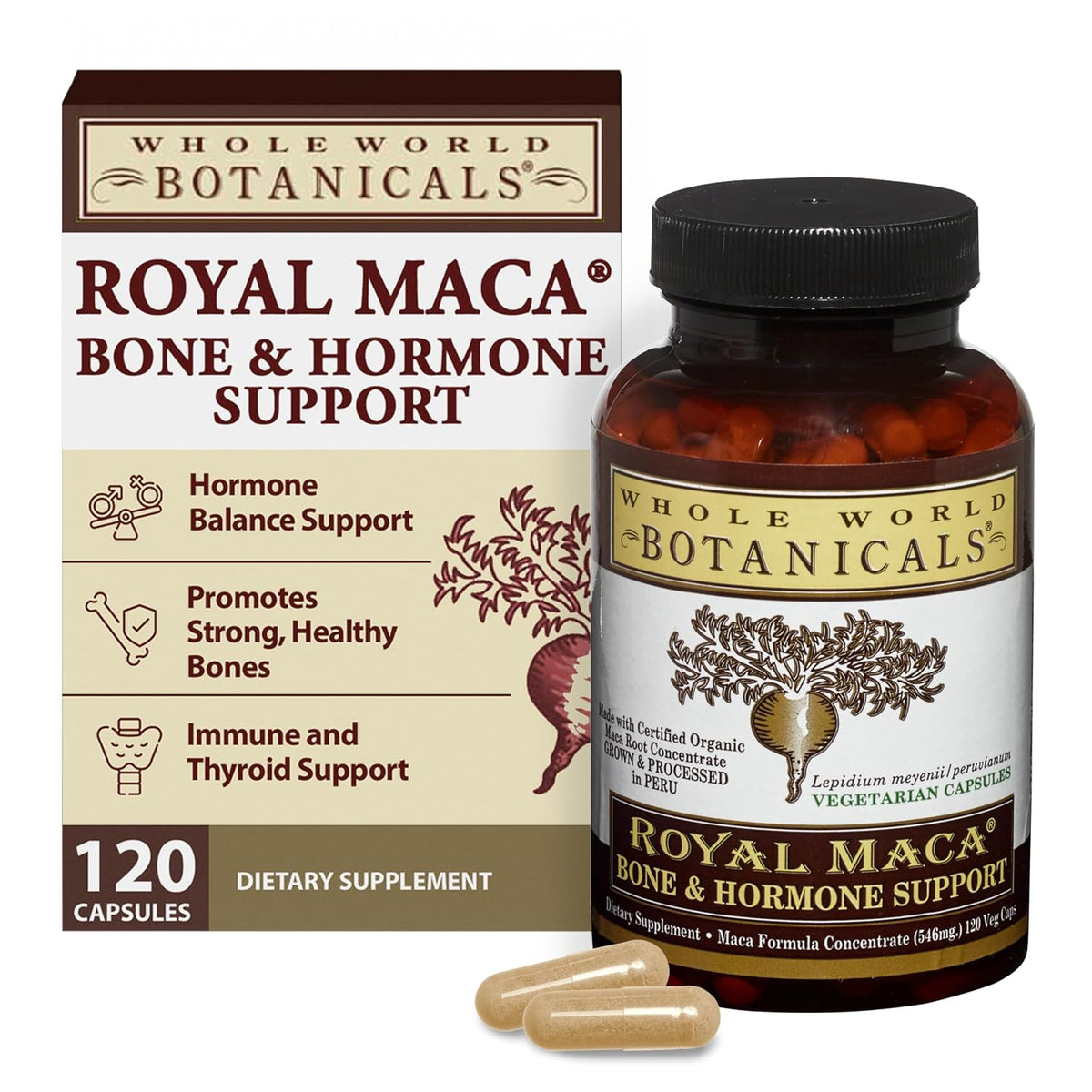 Whole World Botanicals Royal Maca Bone Support Capsules – Herbal Supplement with Vitamin D3, K2 & Magnesium – 120 Vegan Capsules - görsel 1