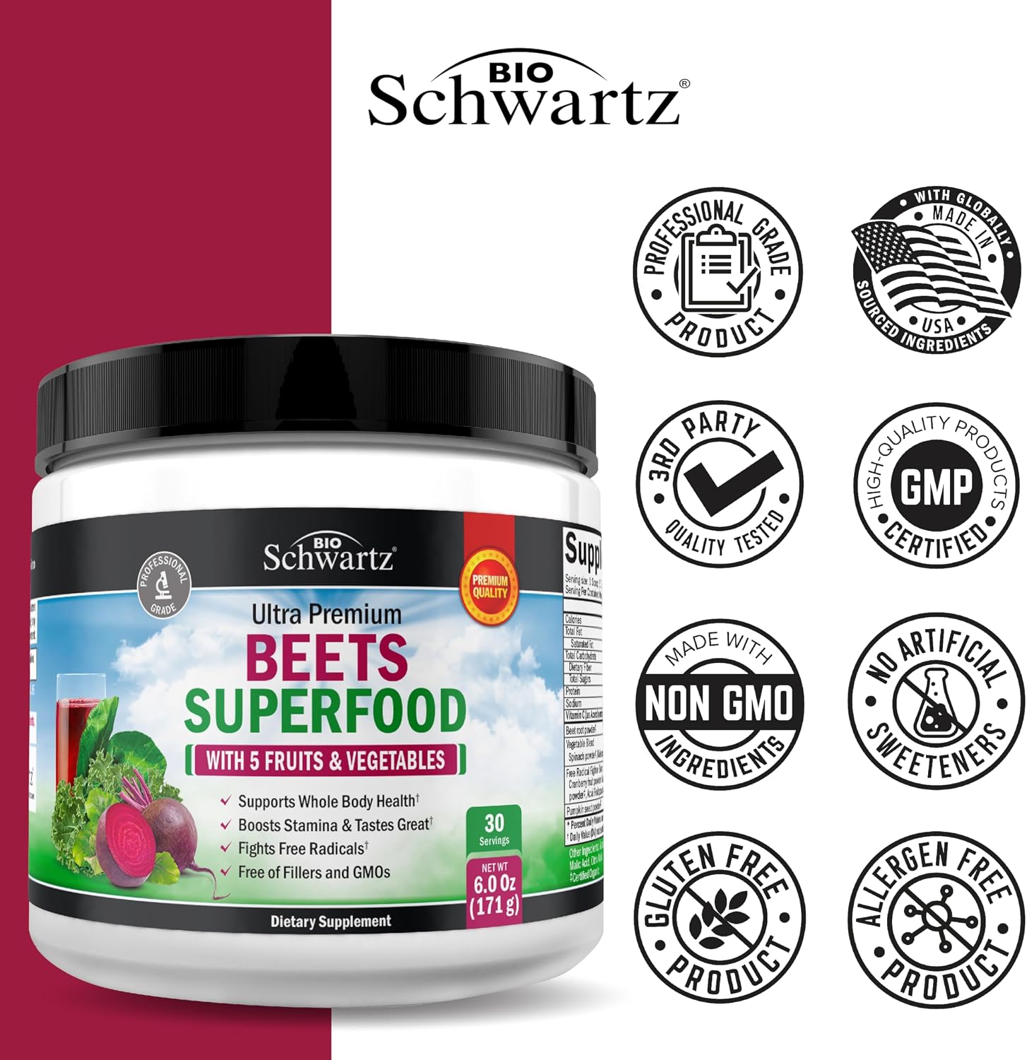 BioSchwartz Beetroot Powder – Superfood Supplement with Vitamin C and Organic Antioxidant-Rich Fruits and Vegetables - görsel 4
