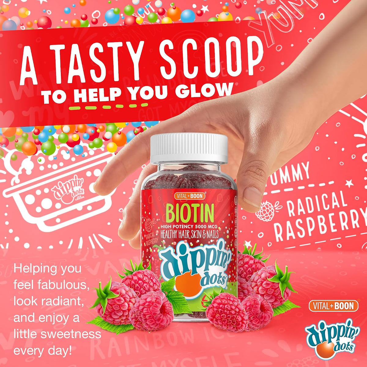 Dippin' Dots High Potency Biotin Gummies 5000mcg – Hair, Skin & Nails – Raspberry – 60-Day Supply (Pack of 2) - görsel 5