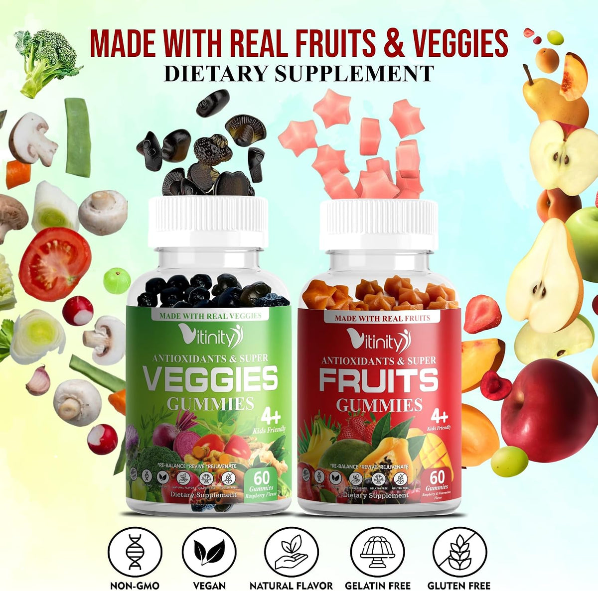 VITINITY Real Fruit and Veg Gummies - Superfood Food Supplement for Women, Men & Children - 60 Day Supply - görsel 5