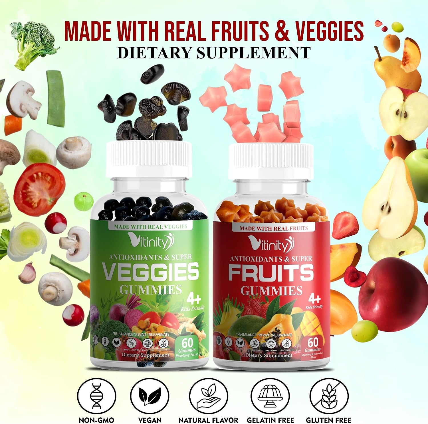VITINITY Real Fruit and Veg Gummies - Superfood Food Supplement for Women, Men & Children - 60 Day Supply - görsel 5