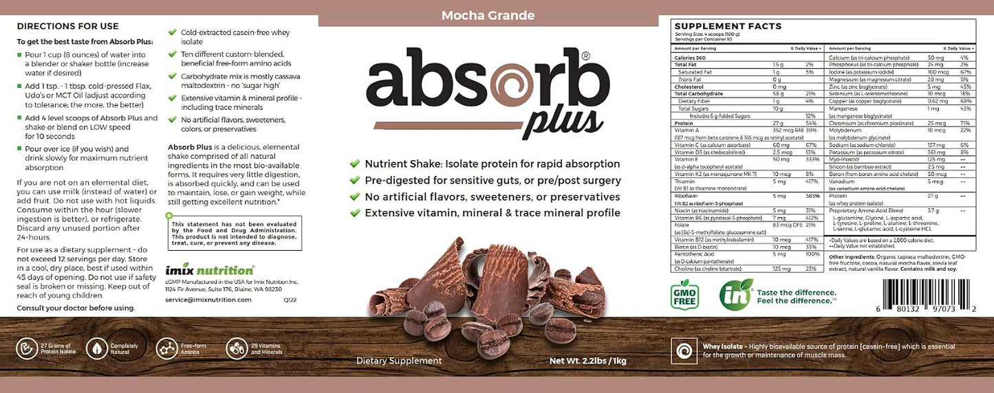 Absorb Plus Isolate Protein: Gut-Friendly Food Supplement with Vitamins & Minerals, Non-GMO, Gluten-Free, Mocha Grande (1 kg) - görsel 4