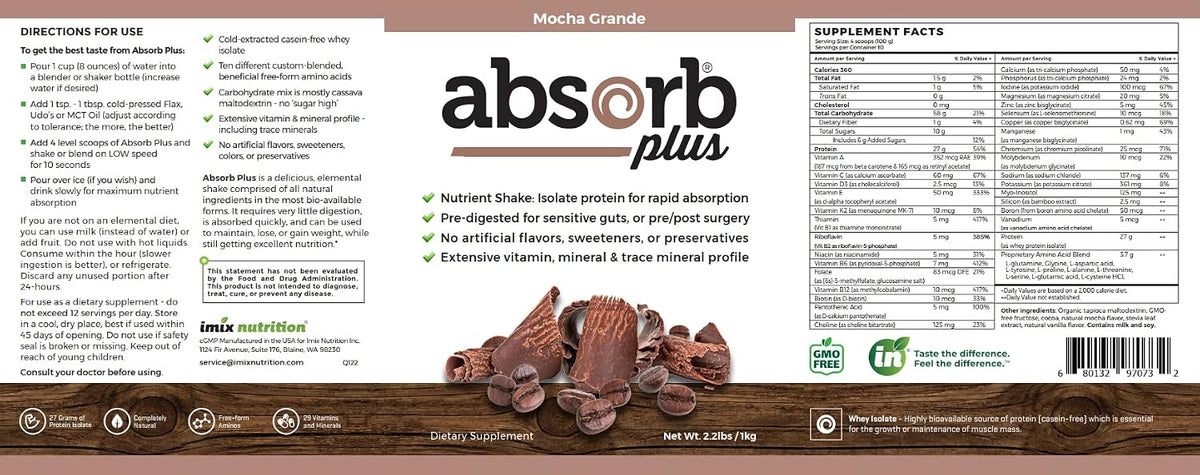 Absorb Plus Isolate Protein: Gut-Friendly Food Supplement with Vitamins & Minerals, Non-GMO, Gluten-Free, Mocha Grande (1 kg) - görsel 4