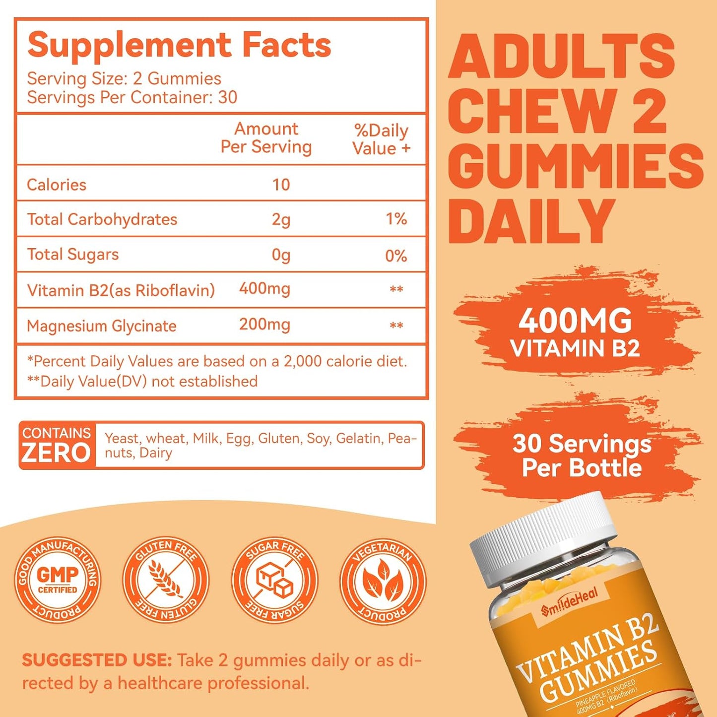 2 Pack Vitamin B2 Gummies – Chewable Riboflavin 400mg with Magnesium – 120 Counts - görsel 3