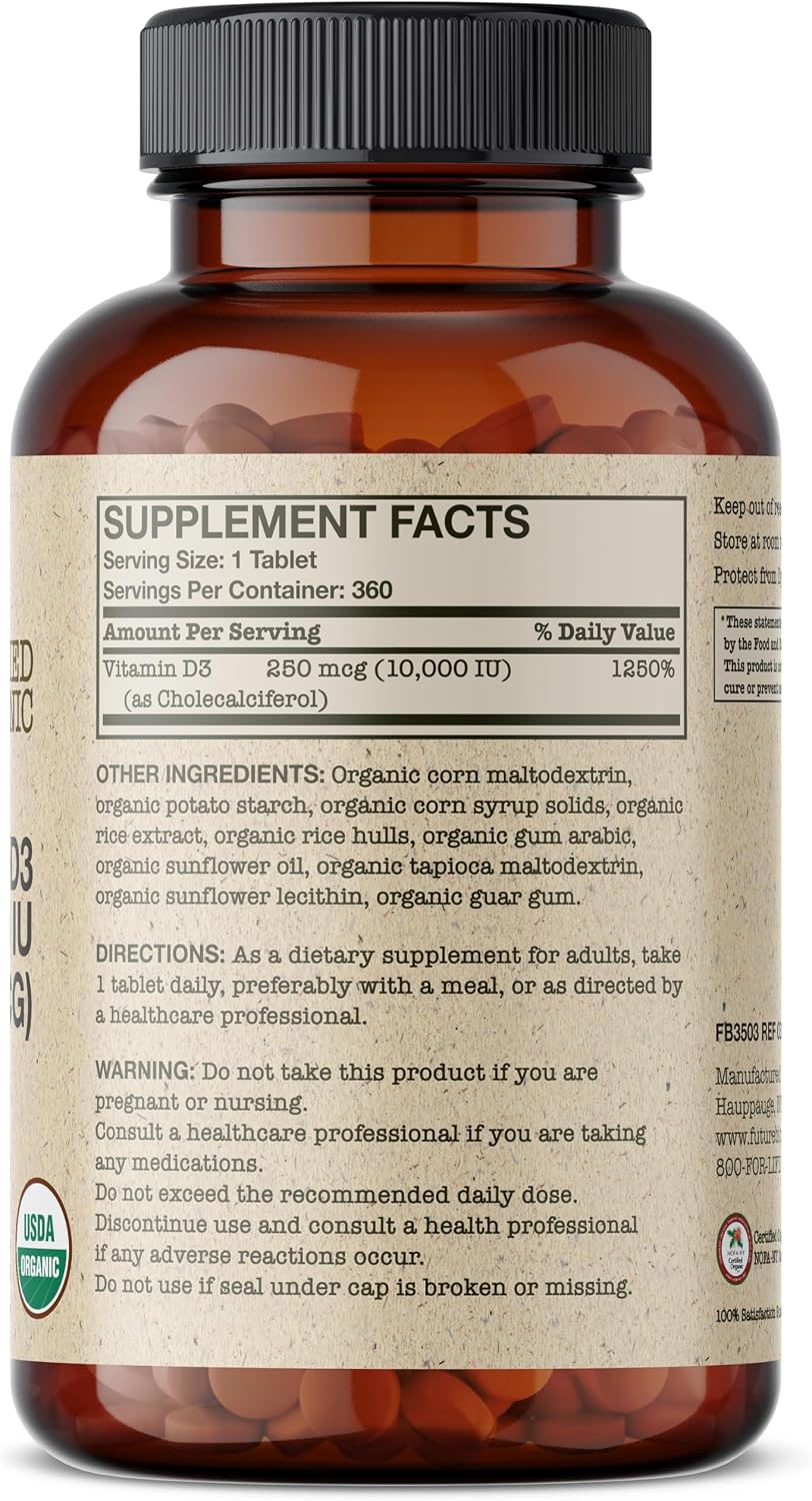 Futurebiotics Vitamin D3 10,000 IU (250 MCG) – 360 Organic Tablets - görsel 2