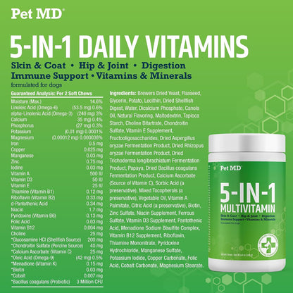 Pet MD 5in1 Dog Multivitamin - 30 Essential Vitamins & Nutrients for Skin & Coat, Hip & Joint, Digestion - Glucosamine, Omega-3-6-9, Probiotics (60 Soft Chews)