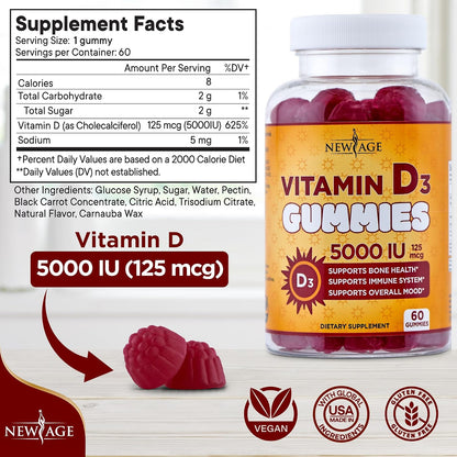 NEW AGE Vitamin D3 5000 IU Gummies - Immune Support - Non-GMO, Gluten-Free, Dairy-Free - 120 Gummies (Pack of 2)