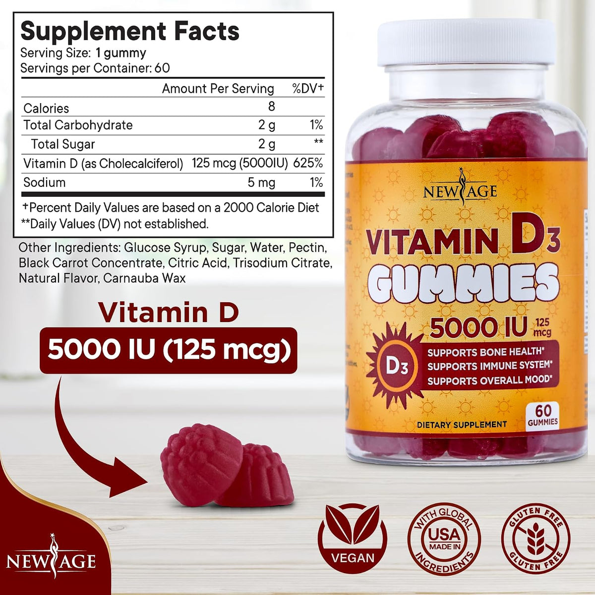 NEW AGE Vitamin D3 5000 IU (125mcg) Gummies - Immune Support - Non-GMO, Gluten-Free, Dairy-Free, No Gelatine (60 Gummies) - görsel 2