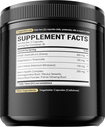 NUQIIT Shilajit Men’s Health Complex with Magnesium, Lion’s Mane, Ashwagandha and Maca Root – 60 Vegan Capsules