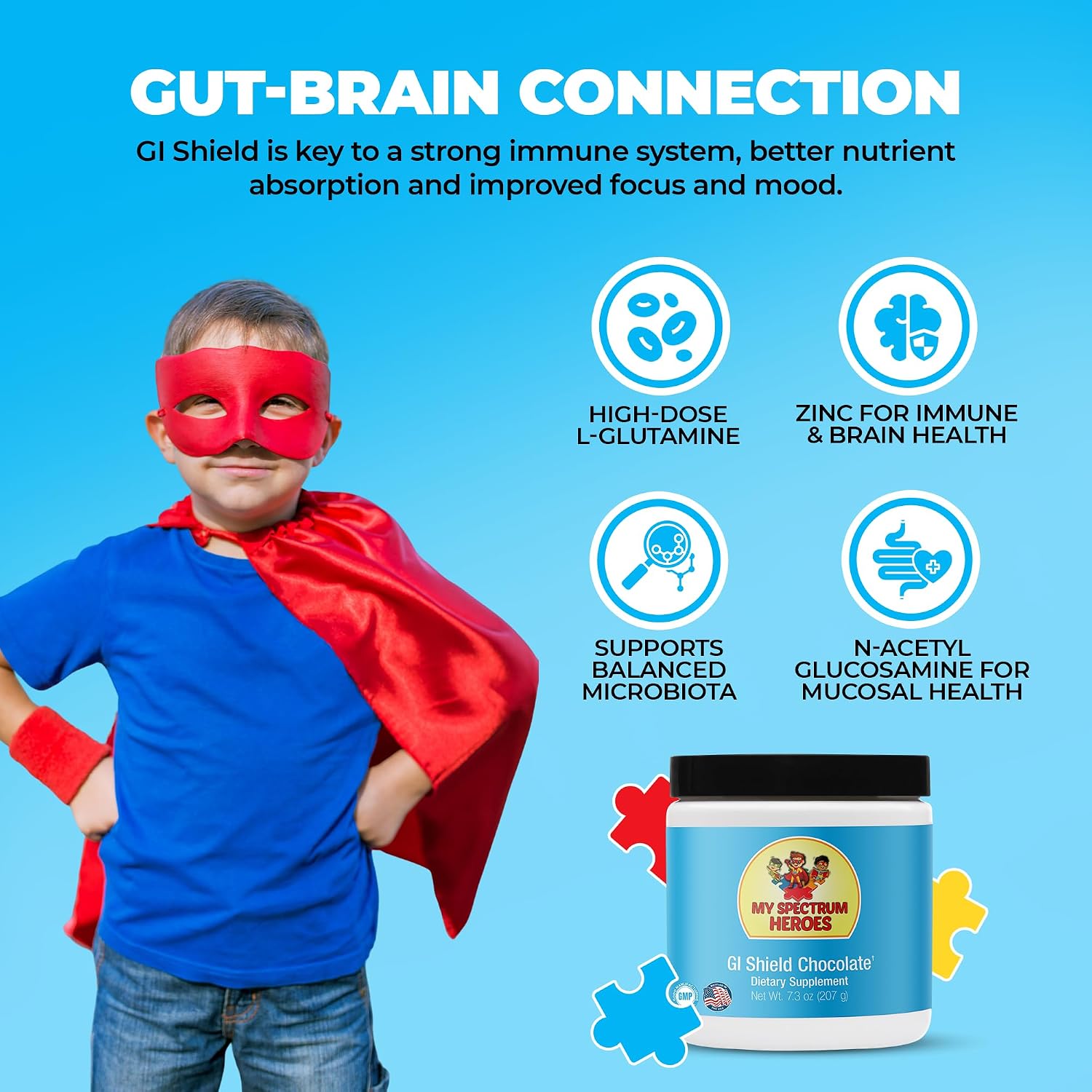 My Spectrum Heroes GI Shield Supplement – Supports Gut Barrier Health & Integrity, Brain-Gut Connection – Chocolate, 30 Servings - görsel 3