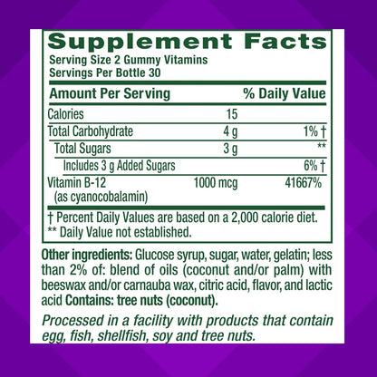 Vitafusion Vitamin B12 Gummies, 1000 mcg, 60 Count, Raspberry Flavour