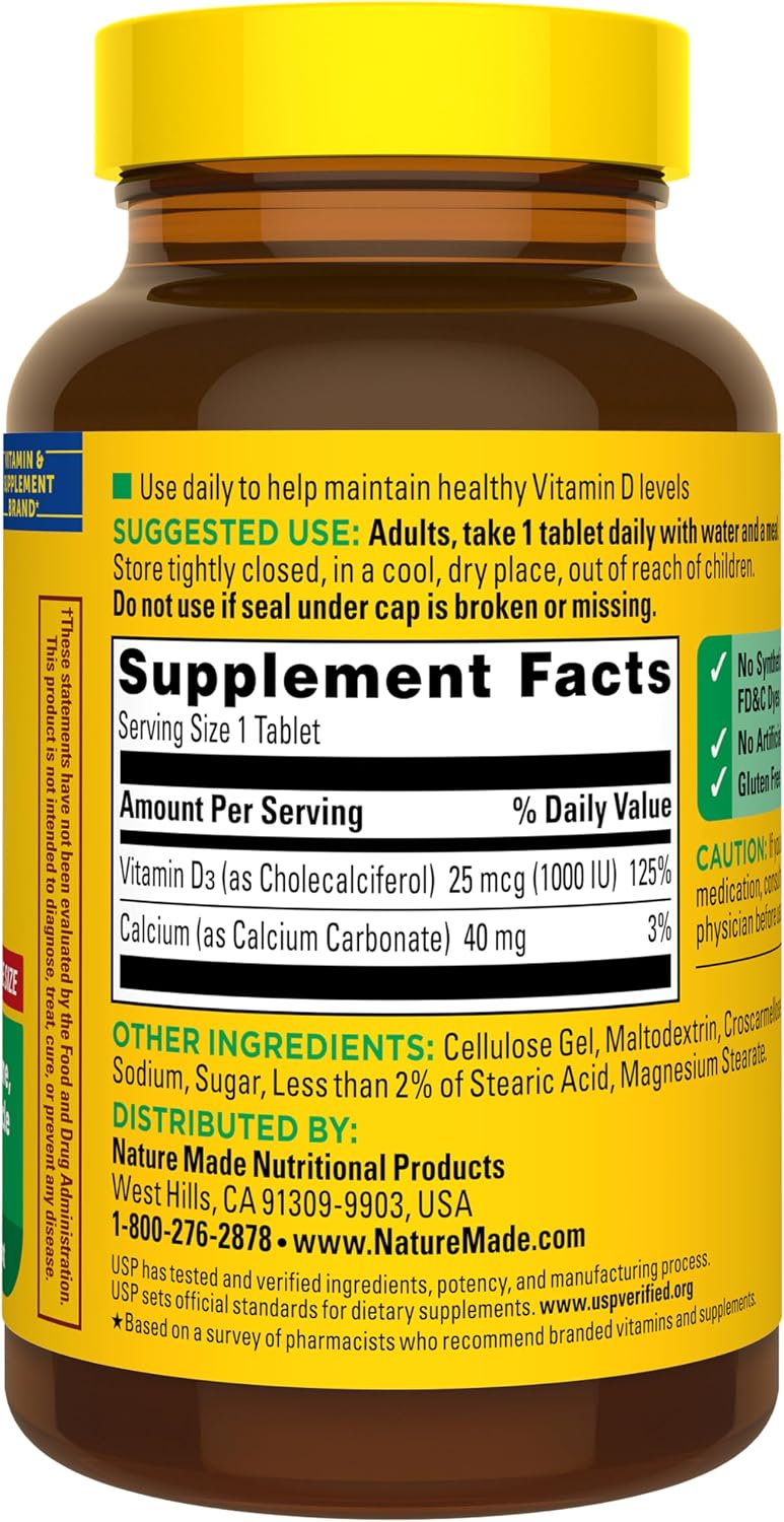 Nature Made Vitamin D3 1000 IU (25 mcg), Vitamin D Supplement for Bone, Teeth, Muscle and Immune Health Support, 300 Tablets, 300-Day Supply - görsel 8