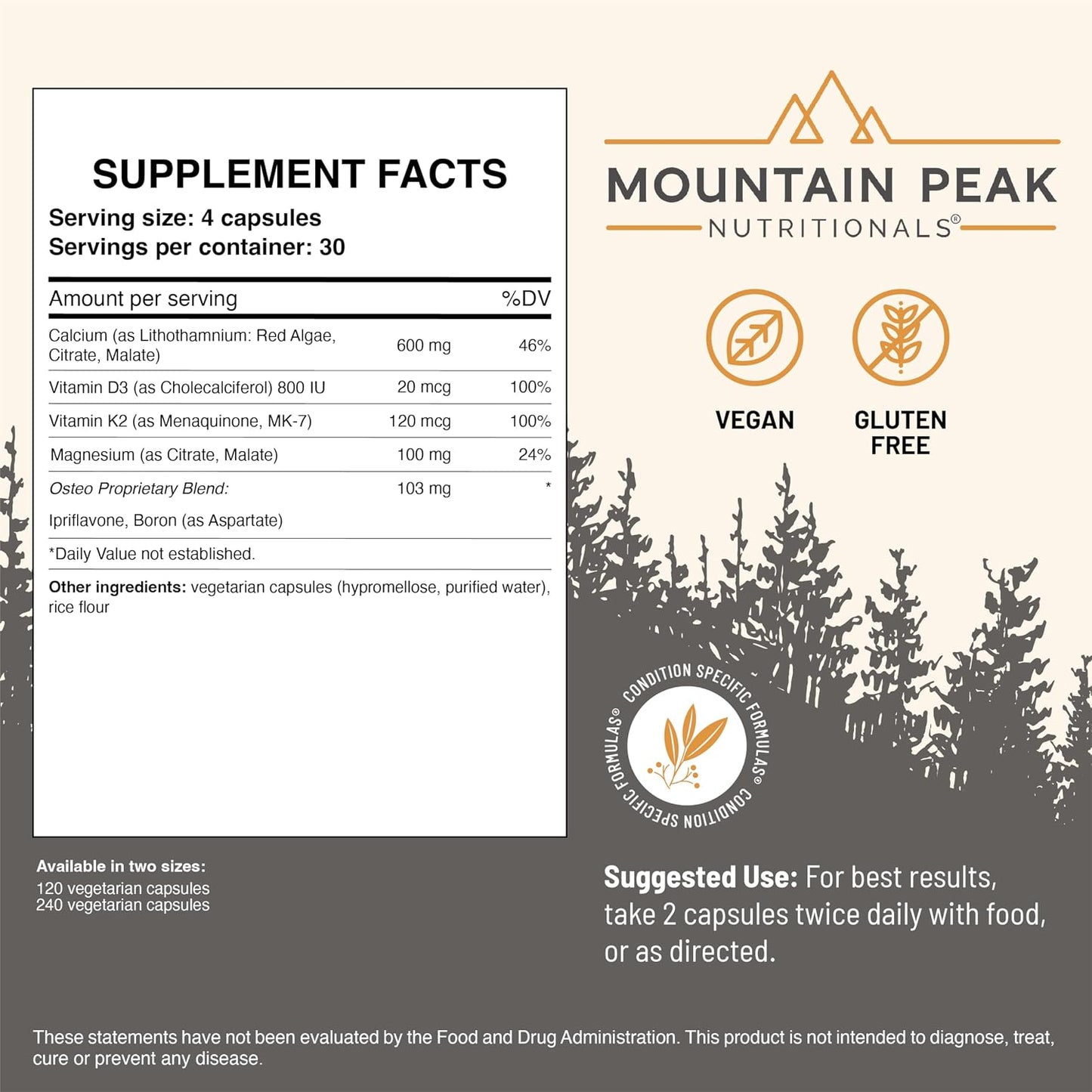 Mountain Peak Nutritionals Osteo Supplement - Bone Support with Vitamins D3, K2, Calcium, and Magnesium (120 Veg Capsules) - görsel 3