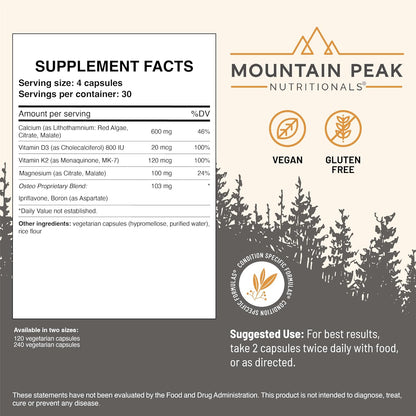 Mountain Peak Nutritionals Osteo Supplement - Bone Support with Vitamins D3, K2, Calcium, and Magnesium (120 Veg Capsules)