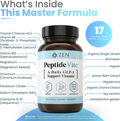 Zen Nutrients PeptideVite GLP-1 Support Supplement for Gut Health with Probiotics, Bromelain, Chromium Picolinate & Organic Ginger (60 Capsules)