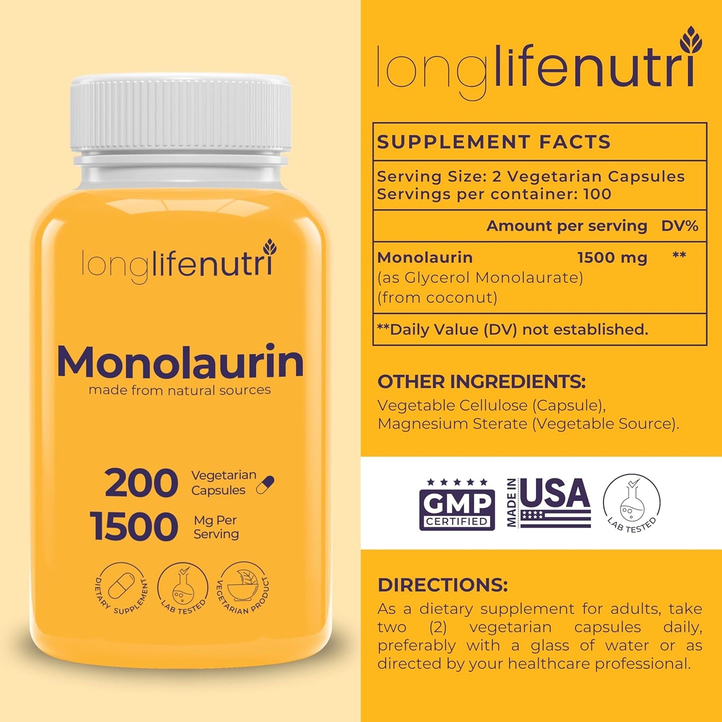 LongLifeNutri Monolaurin 1500mg - 200 Vegetarian Capsules, 100-Day Supply - görsel 2