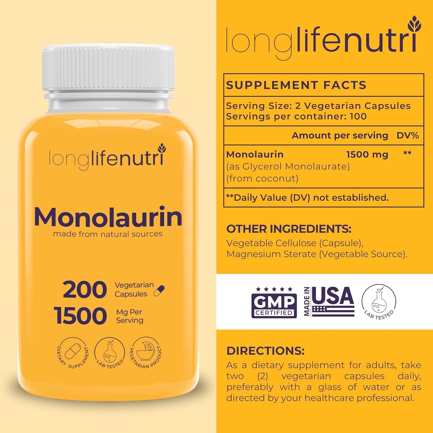 LongLifeNutri Monolaurin 1500mg - 200 Vegetarian Capsules, 100-Day Supply - görsel 2