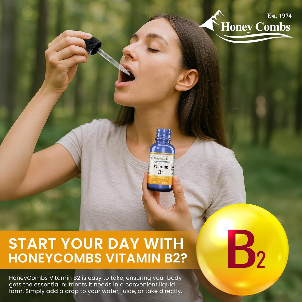 HoneyCombs Riboflavin Vitamin B2 Liquid Drops, 8 Fl oz | Headache Support, 750 Percent DV, Made in USA, Alcohol Free, Alternative to Capsules - görsel 3