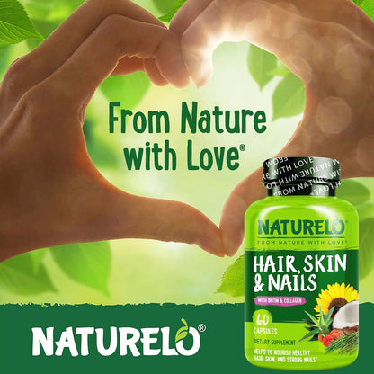 NATURELO Hair, Skin and Nails Vitamins - 5000 mcg Biotin, Collagen, Natural Vitamin E - 60 Capsules