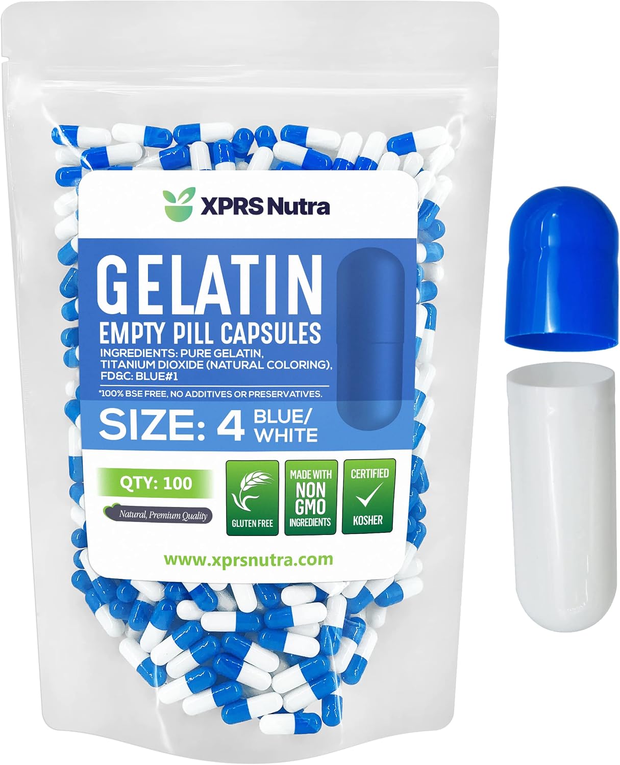 XPRS Nutra Size 4 Empty Capsules - 100 Count Small Empty Gelatine Capsules - DIY Pill Capsules (Blue/White) - görsel 1