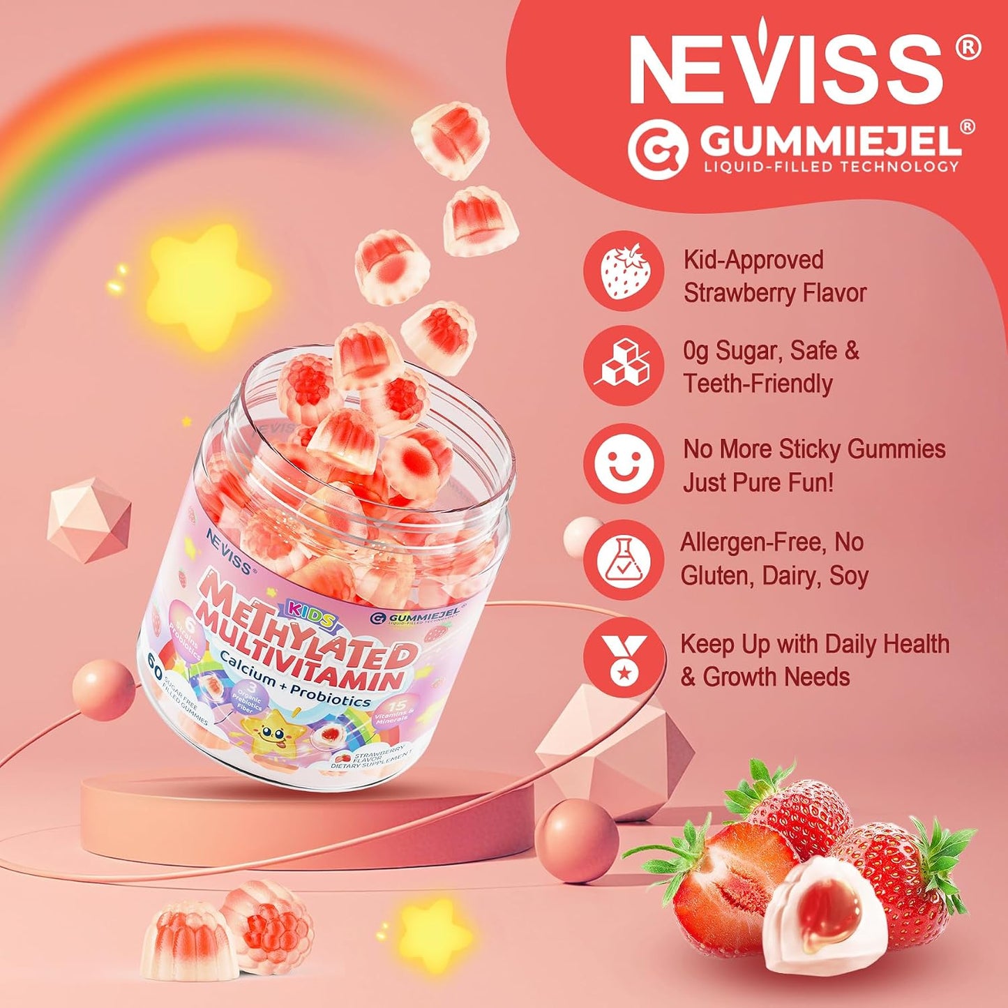 Kids Multivitamin Gummies + Calcium, Probiotics, Vitamin D3, C, Methylated B12 & Methylfolate, B6, A, K2, E, Zinc, Prebiotics for Children Ages 4+, Clean & Sugar Free, for Nutritional Support, 60 Cts - görsel 7