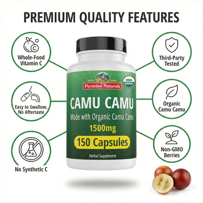 Peruvian Naturals Organic Vitamin C from Camu Camu Capsules 1,500 mg - 150 Vegan Capsules