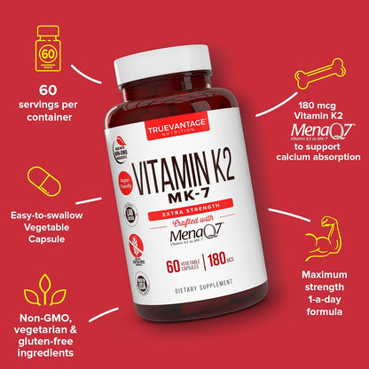 Vitamin K2 MK-7 Supplement 180mcg – MenaQ7 for Bone Health & Normal Blood Clotting, 60 Veggie Capsules