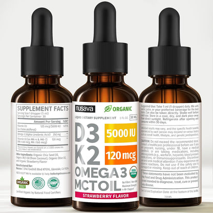 NUSAVA Organic Vitamin D3 K2 Drops with Omega-3 & MCT Oil - 5000 IU D3 + 120 mcg K2 MK-7 - Liquid Supplement for Women & Men - Non-GM, No Fillers - Strawberry Flavour, 4 fl oz (4 Pack)
