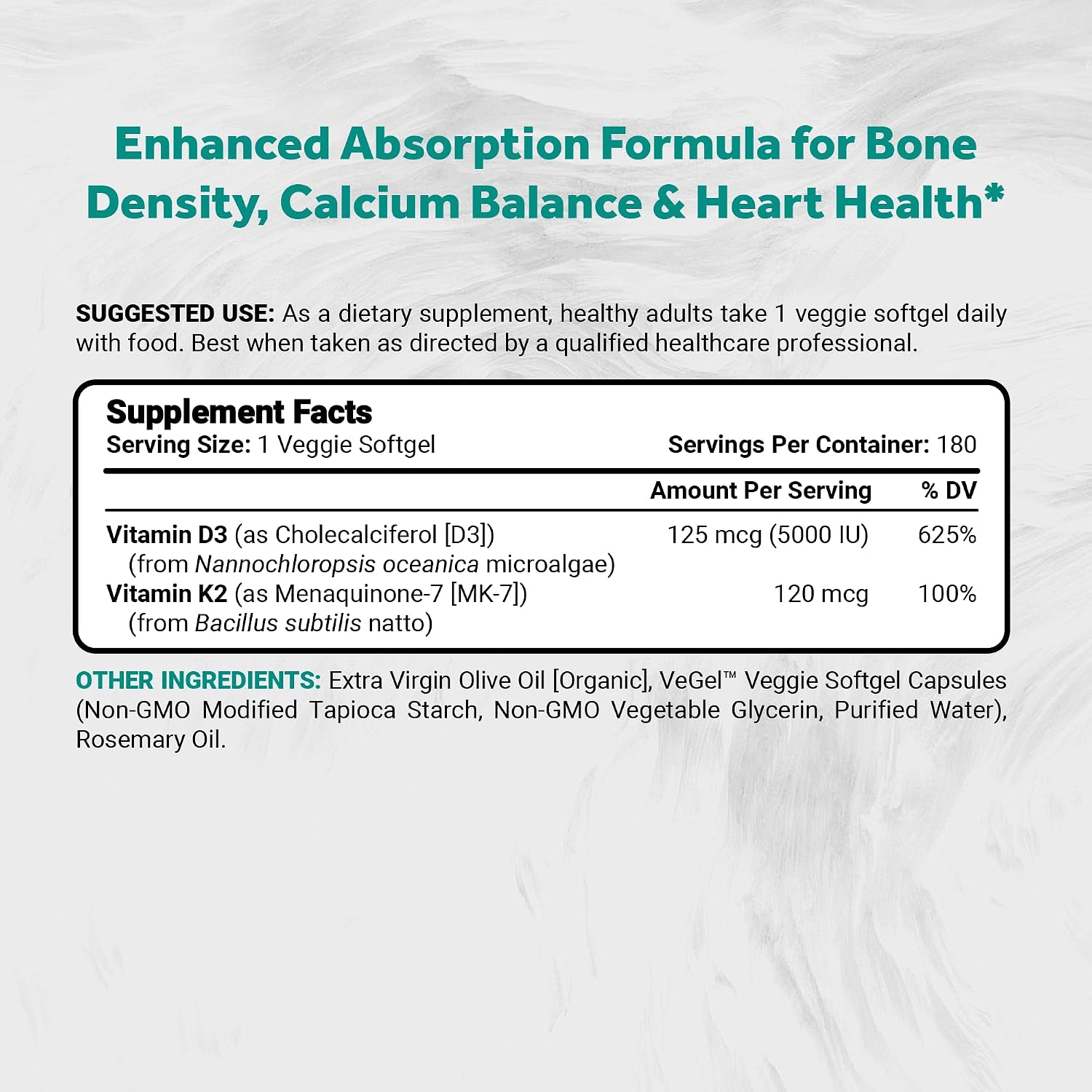 Naturalis Vegan Vitamin D3+K2 from Algae | 5000 IU D3 with 120 mcg MK-7 | Vegan Society Certified | 180 Softgels - görsel 2