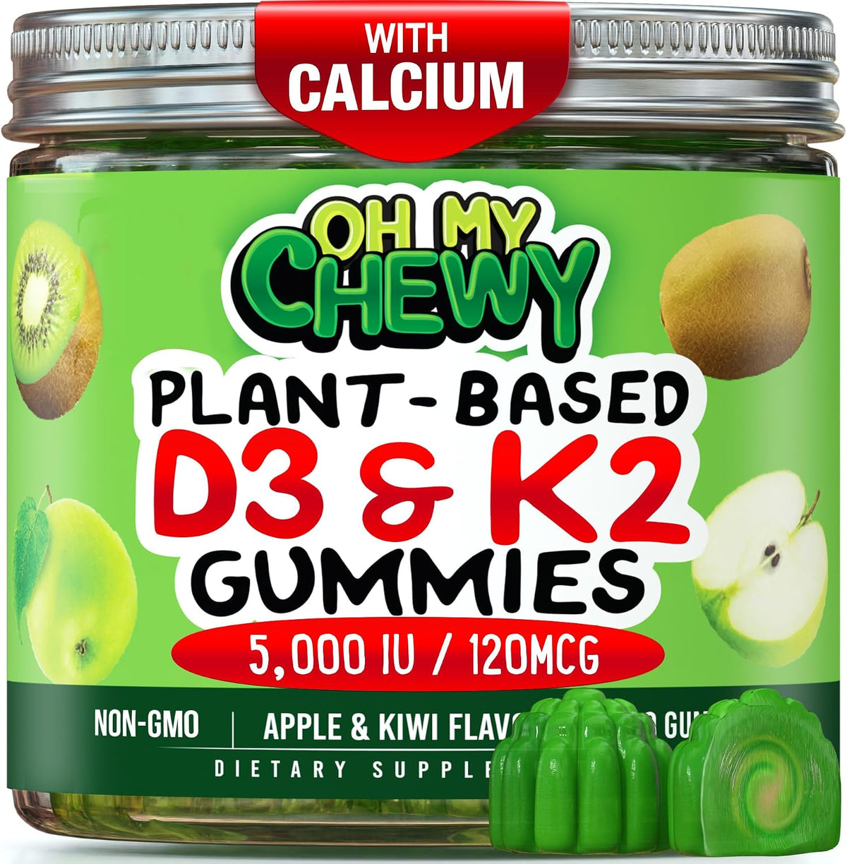 OH MY CHEWY Double-Flavoured Vitamin D3 K2 & Calcium Gummies - 5000 IU D3, 120 mcg K2 (MK-7), 120 mg Calcium - Vegan & Non-GMO - 60 Count - görsel 1