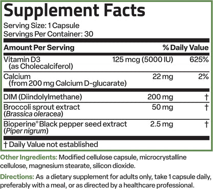 Bronson DIM Balance+ - Oestrogen Metabolism Support with Calcium D-Glucarate, Broccoli Sprout, Vitamin D3, 30 Vegetarian Capsules