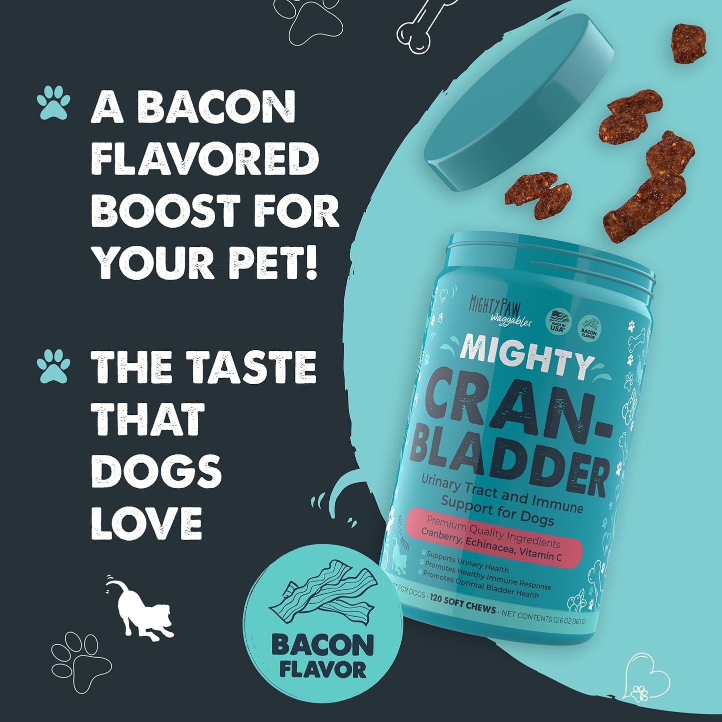 Mighty Paw Waggables Cran-Bladder (Made in the USA) 2-Pack | Vet Formulated Cranberry Supplement for Dogs – Cranberry Chews for Dogs, Urinary Tract & Bladder Support, Bacon Flavoured, 240 Soft Chews - görsel 6