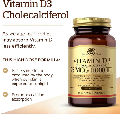 Solgar Vitamin D3 1000 IU Softgels - 100 Softgels