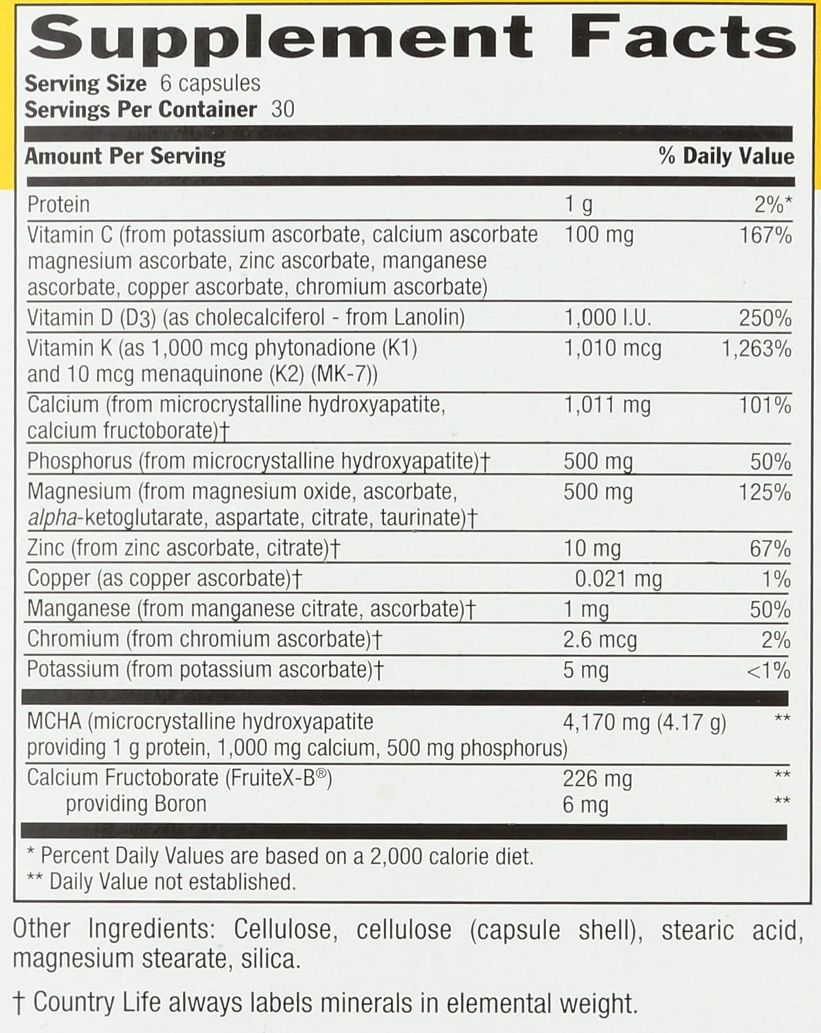 Country Life Bone Solid - Bone Health Supplement with MCHA, Calcium, Magnesium, Zinc, Vitamins K2 & D3 - 180 Capsules - görsel 3