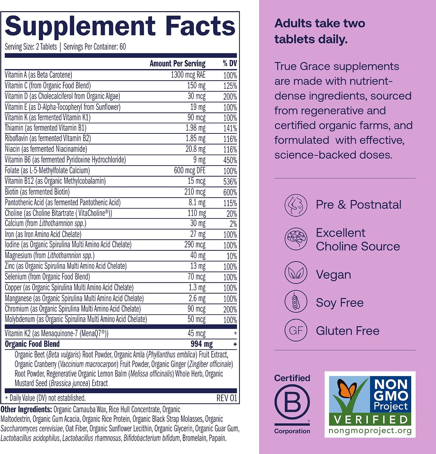 True Grace Prenatal Multivitamin Refill Pouch - 120 Vegan Tablets - Supports a Healthy Mum & Baby with Methylfolate & Choline - Gluten-free, Soya-Free - 60 Servings - görsel 2