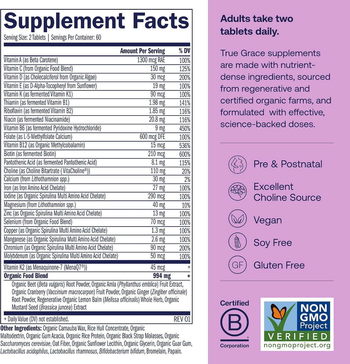 True Grace Prenatal Multivitamin Refill Pouch - 120 Vegan Tablets - Supports a Healthy Mum & Baby with Methylfolate & Choline - Gluten-free, Soya-Free - 60 Servings - görsel 2