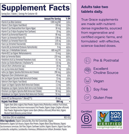 True Grace Prenatal Multivitamin Refill Pouch - 120 Vegan Tablets - Supports a Healthy Mum & Baby with Methylfolate & Choline - Gluten-free, Soya-Free - 60 Servings