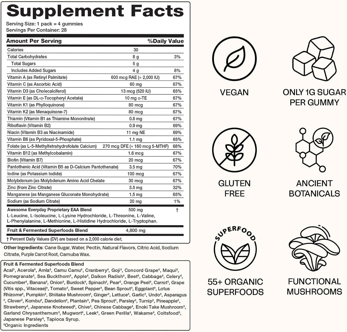 Awesome Everyday Essential Daily Nutrition Gummies - 9 Essential Amino Acids + Vitamins, Minerals & Organic Greens and Superfoods - Fermented Nutrition for Energy, Brain & Immunity – Children – 28 Count - görsel 4