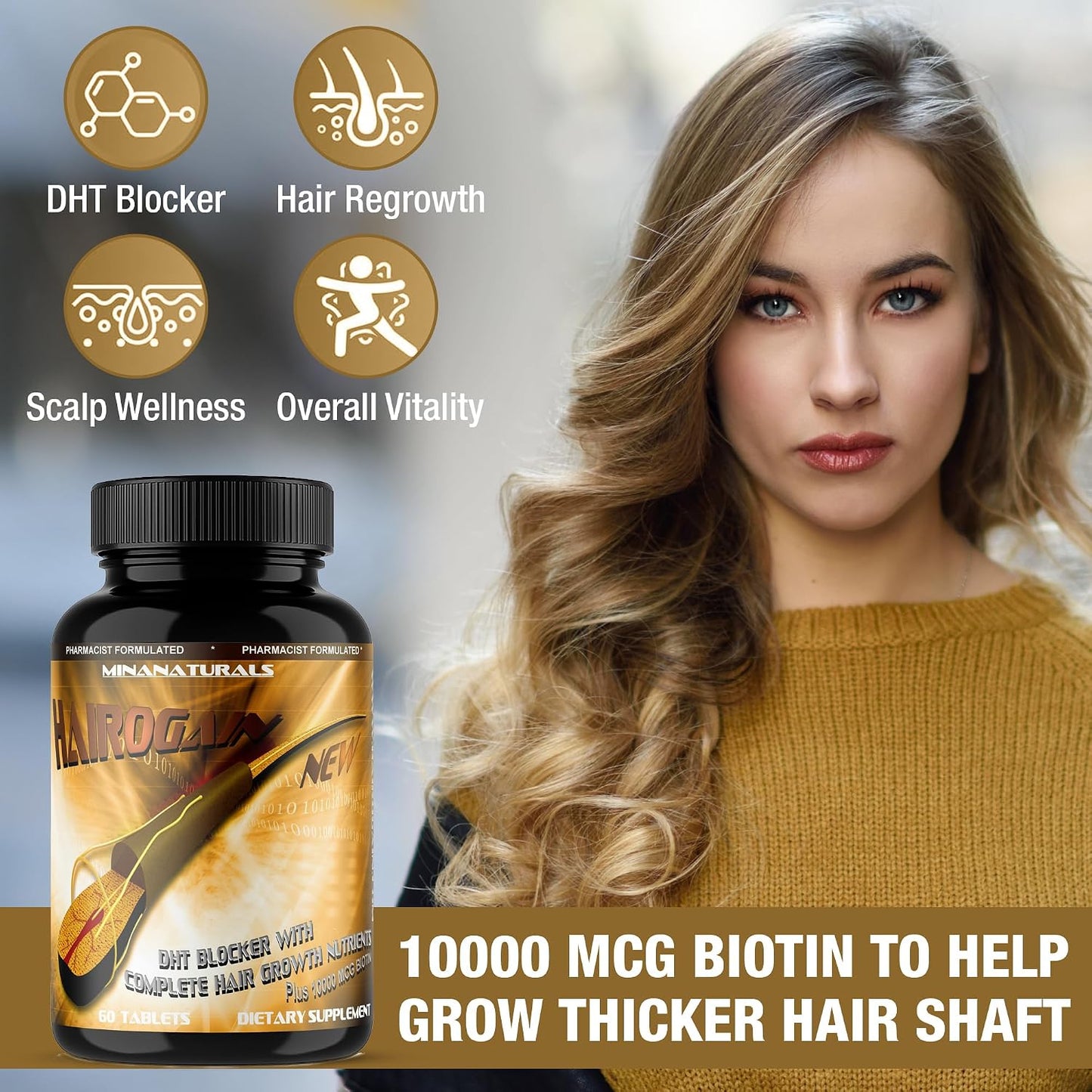MINANATURALS HAIROGAIN DHT Blocker - Support Hair Growth with 10000 mcg Biotin, Collagen & Hair Vitamins - 60 Tablets - görsel 2