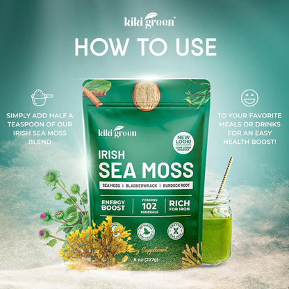 KIKI Green Irish Sea Moss Powder – Bladderwrack & Burdock Root – 227 g – Vegan Immune Support