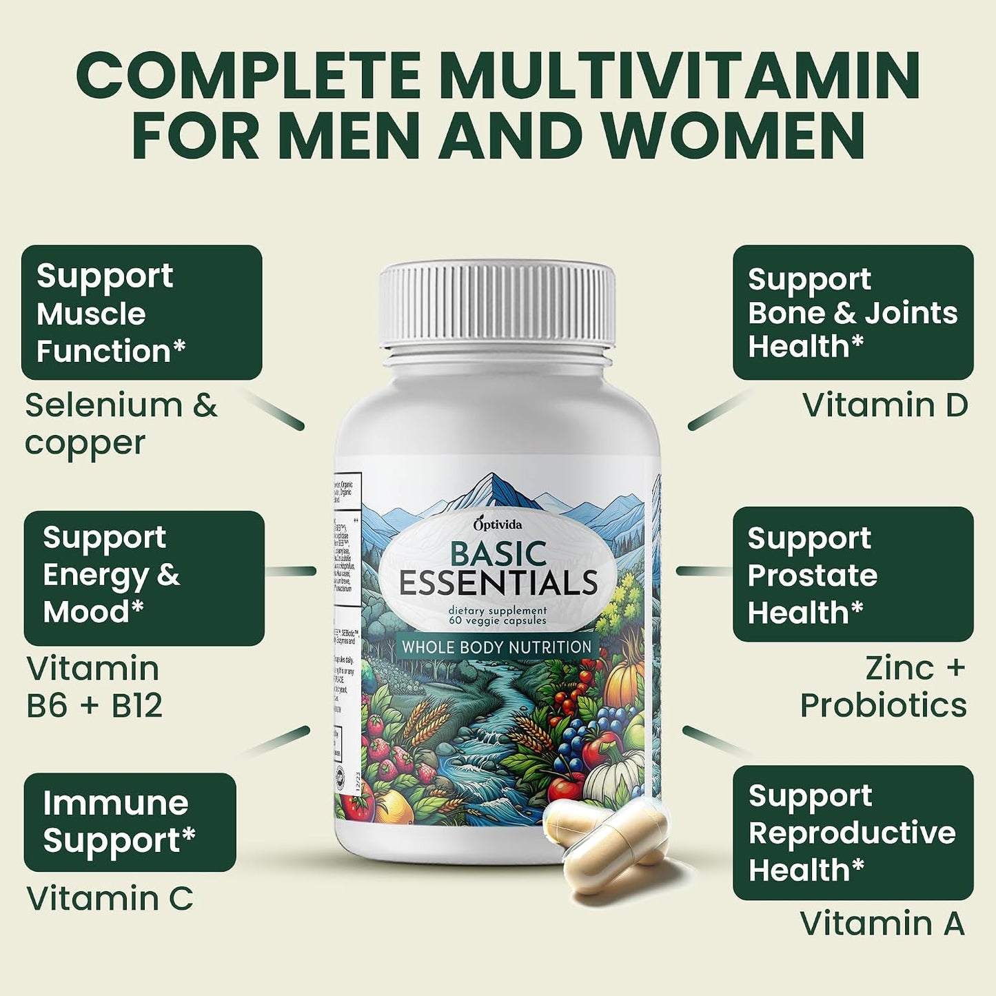 OPTIVIDA Organic Whole Food Multivitamin for Men & Women (1 Month Supply) with Probiotics & Antioxidant Blends - görsel 3
